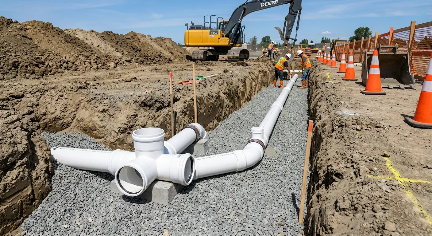 New PVC sewer pipe installation in open trench for Commercial Drain Cleaning in Jackson